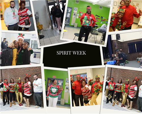 Staff and students dressed up for crazy sweater day, green and red day, hat day and PJ Day for Spirit week..